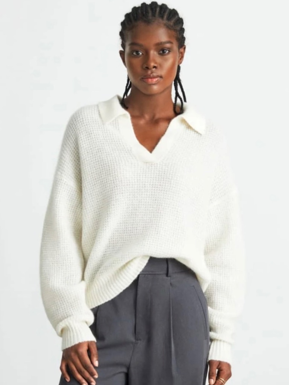 EVERLANE The Alpaca Waffle Polo Sweater in Ivory - M